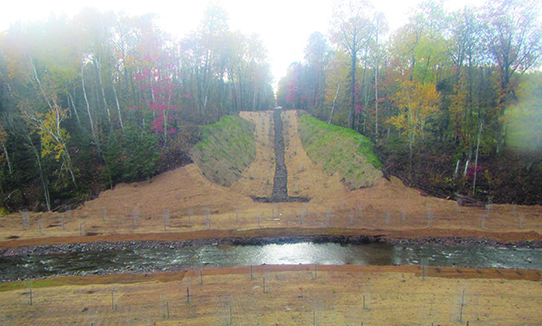 A photo of a river flowing horizontally across the bottom with a forest shown at the top. The riverbanks are comprised of sandy soil dotted throughout with new plantings. The center shows another sandy area where the railroad grade was removed.